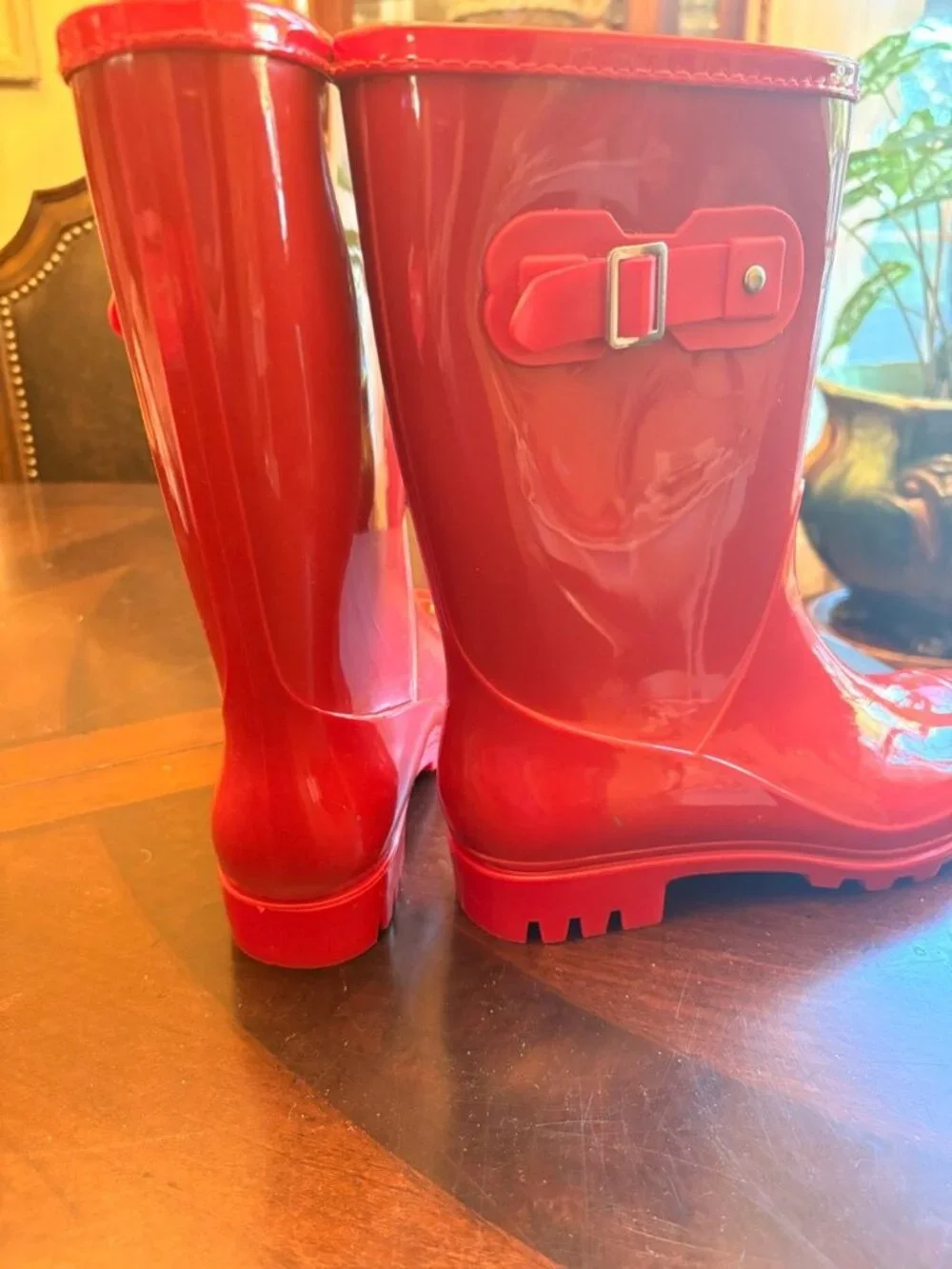 Evshine Red Glossy Waterproof Mid-Calf Rain Boots Buckle Accent EU 38 US 7.5